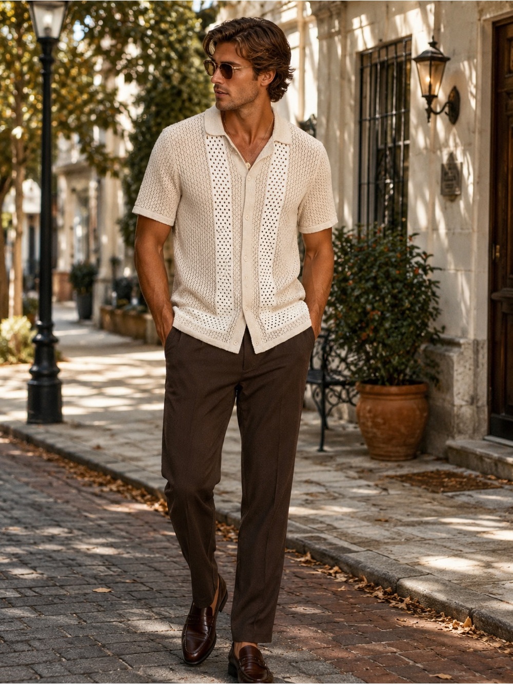 Hollister Men’s Open Knit Crochet Camp Collar Button Up Shirt Cream S